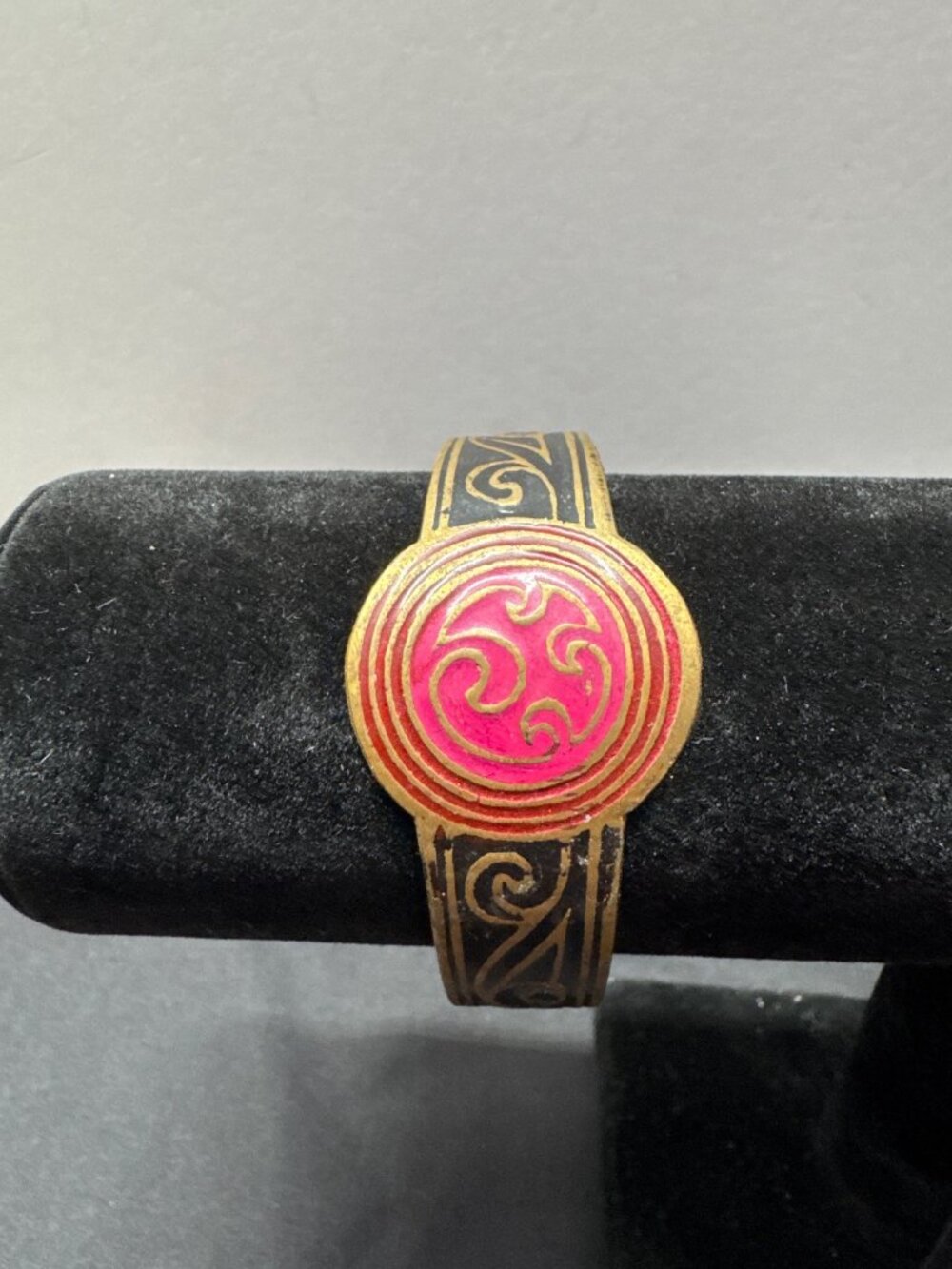 Vintage Brass Cuff Bracelet With Pink & Black Enamel Design Handmade In India